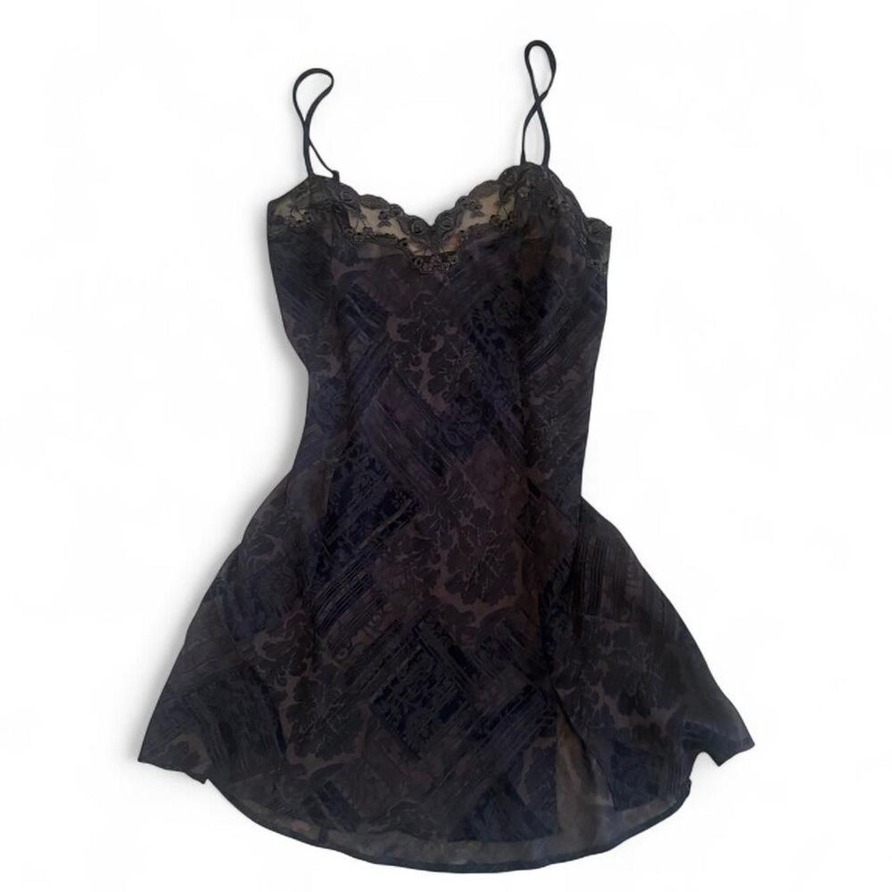 Vintage Victoria's Secret Navy Lace Sheer Paisley Babydoll Cami Slip Dress S